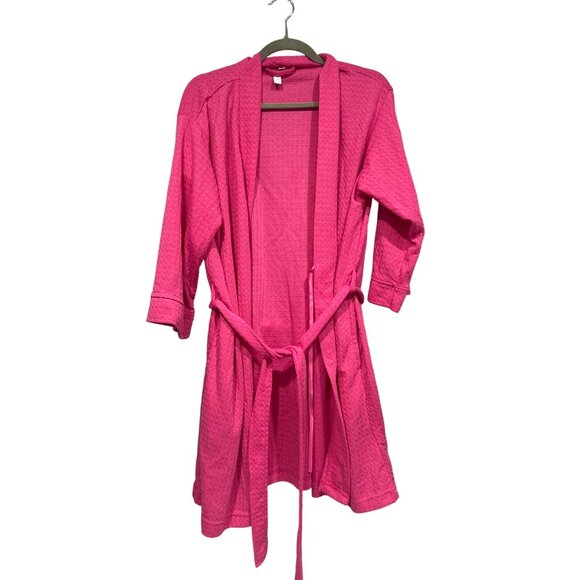 Joyspun Women's L 12-14 Robe Hot Pink Kimono Style Textured Belted Loungewear - Picture 1 of 9